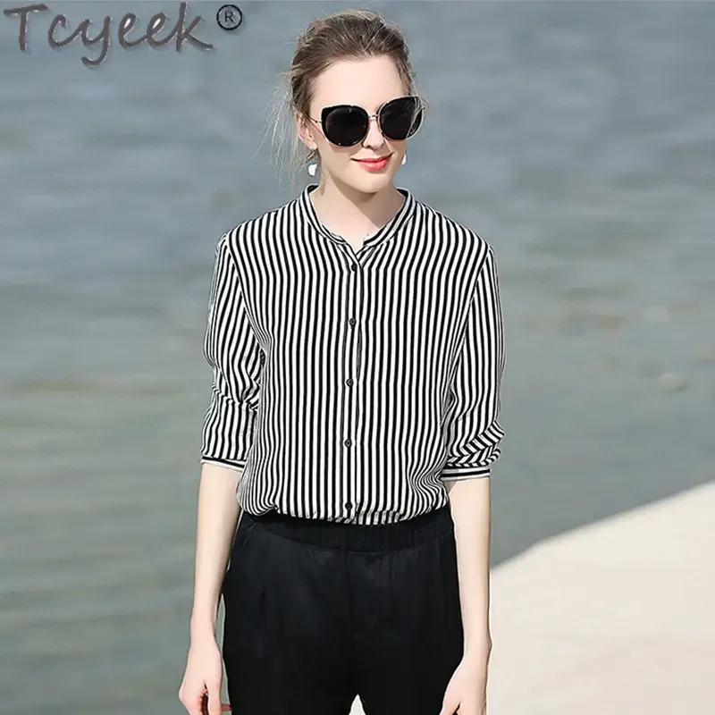 

Tcyeek Office Lady Blouses Black White Striped Printing Blouse Mulberry Silk Shirt Women Long-sleeved Loose O-neck Tops Women Zm