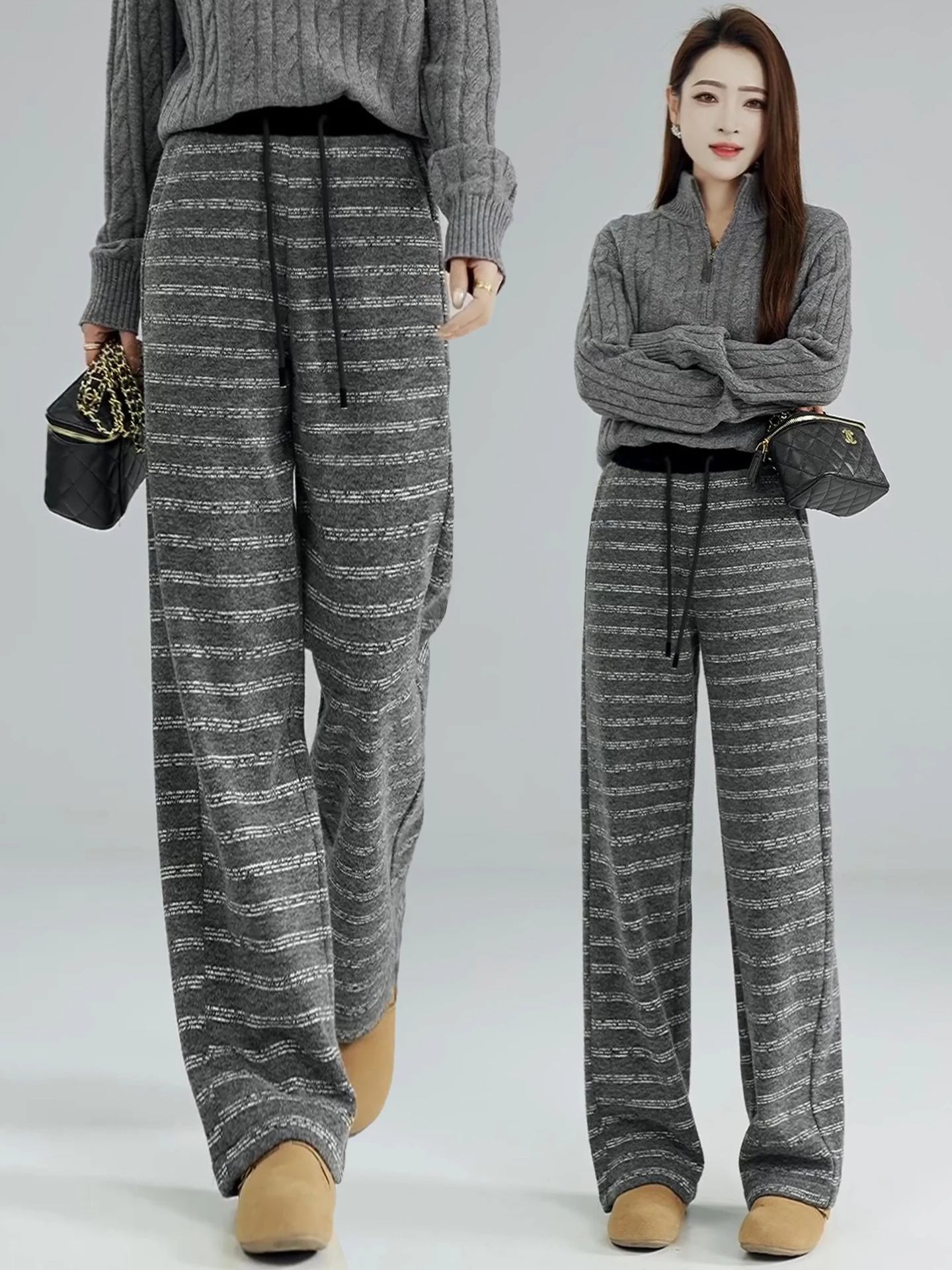 

Женские шерстяные брюки с высокой талией на флисовой подкладке, широкие, прямого кроя, повседневные, осенне-зимние, новый стиль, с эластичным поясом, драпированные