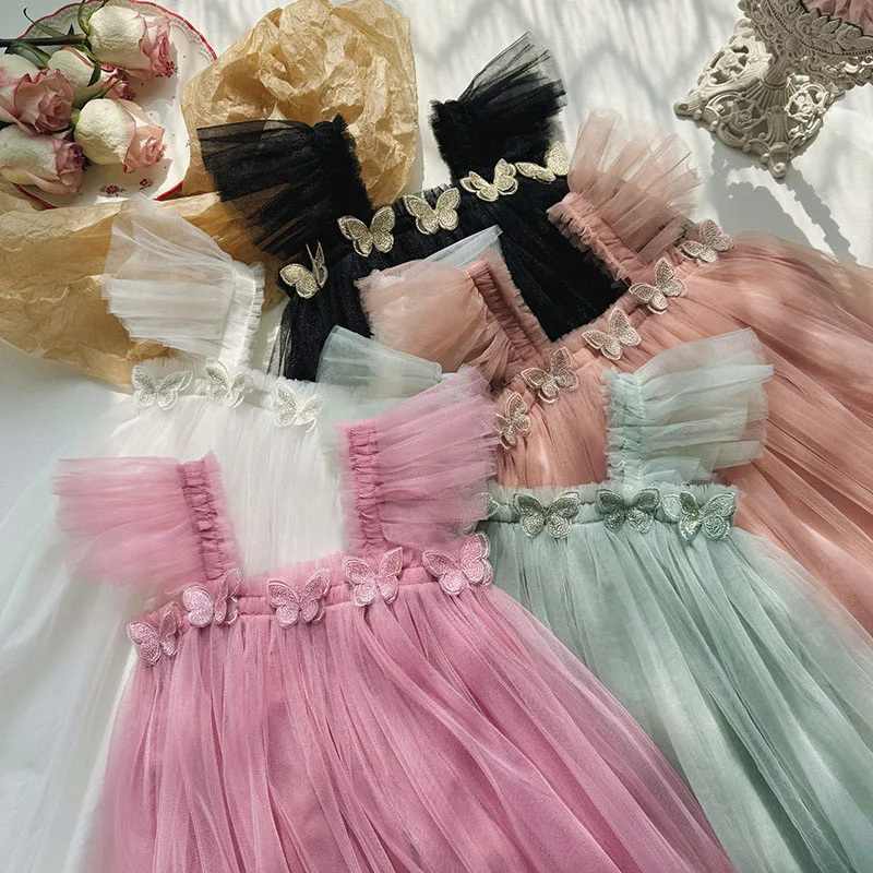 MILANCEL New Summer Kids Sweet Mesh Dress Girls 5 Colors Suspended 3D Butterfly Skirt Children Tutu Princess Dress