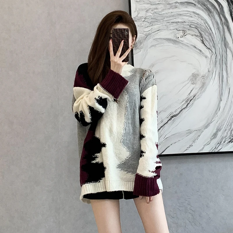 Oversize New Autumn Winter Color Blocking Knitted Pullover Vintage Women O Neck Long Sleeve Thick Hole Tassel Loose Sweater Tops