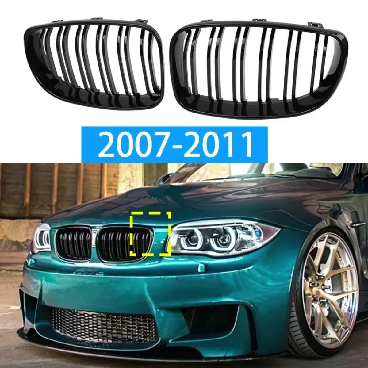 Paar Frontstoßstangen-Kühlergrill für BMW E81 E87 E82 E88 128i 130i 135i 2008-2013 Glänzend Schwarzer Doppellinien-Renngrill