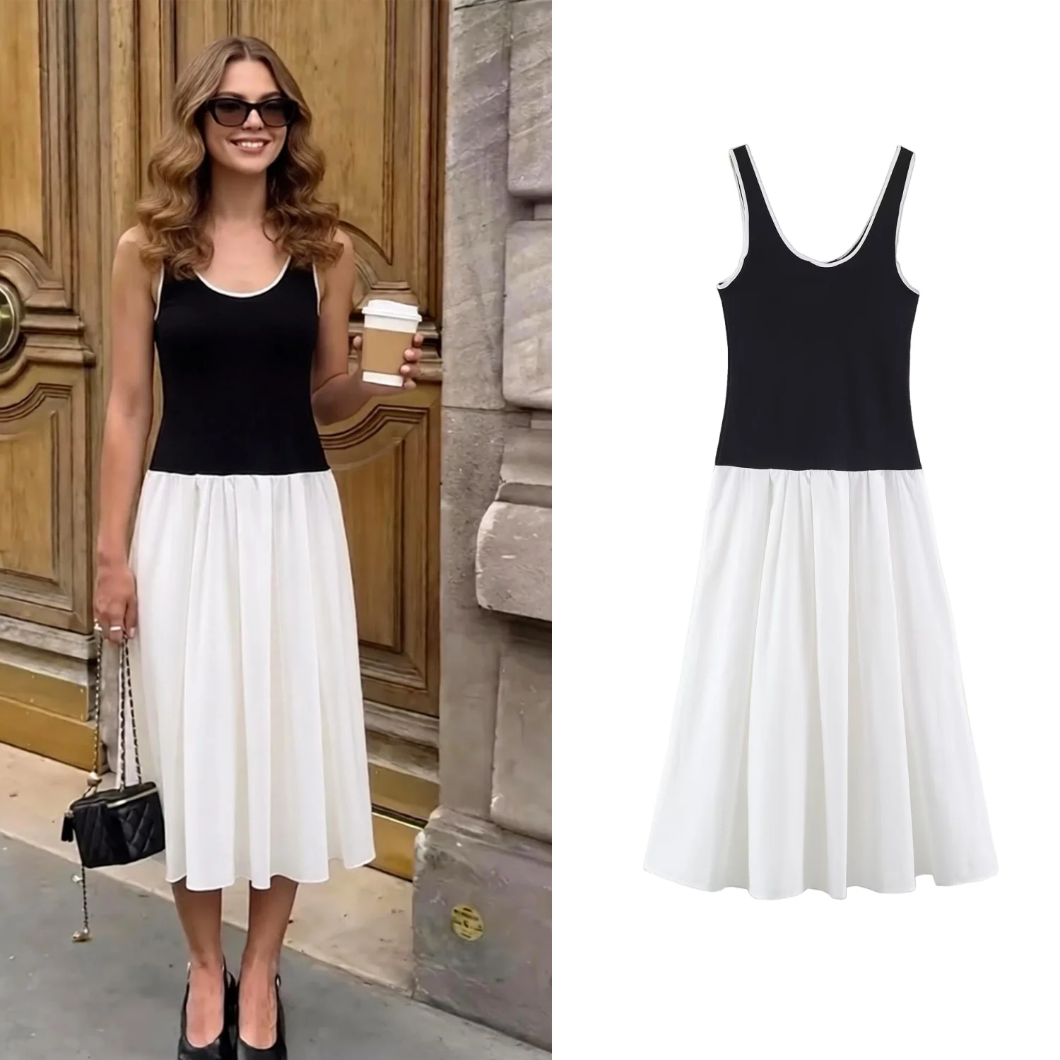 Women's Black And White Color Blocked Vest Dress Summer Female Sleeveless Knitted Patchwork Long Dress Lady Beach Vacation Dress