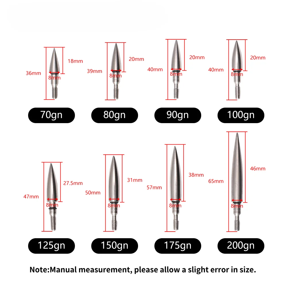 Stainless Steel Arrowheads - 12 Piece Set, Compatible with 6.2mm Inner Diameter Arrow Shafts, 70/80/90/100/125/150/200 Grains