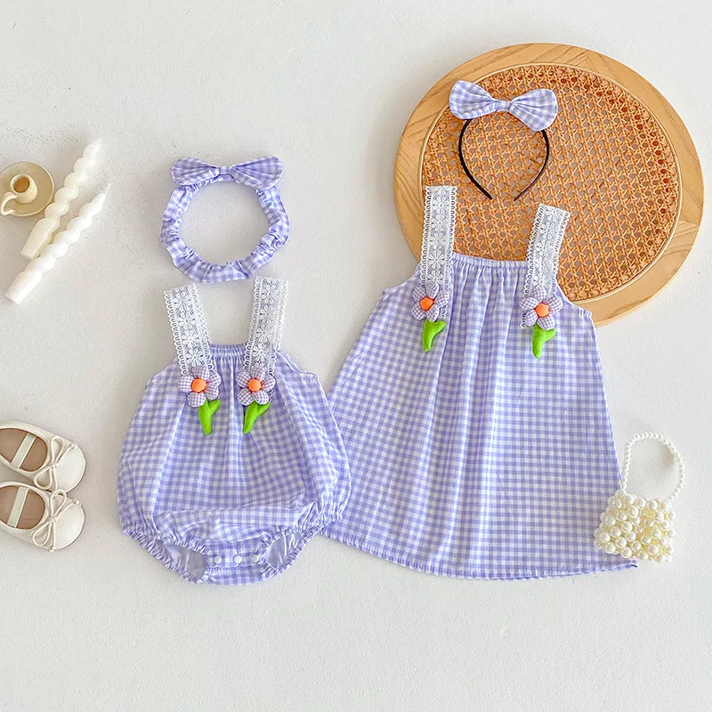 2026 Summer Baby Girl Bodysuit Romper Sleeveless Strap Dress Plaid Floral Sister Matching Outfits Cute for Toddler Kids
