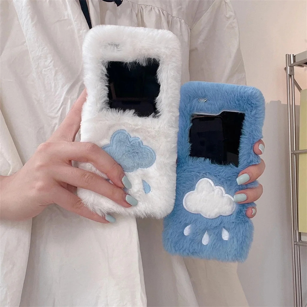 Luxury Warm Winter Cute Cloud Raindrop Plush fluffy Fur Case For Samsung Galaxy Z Flip 5 3 4 5G Flip4 ZFlip5 Shockproof Cover