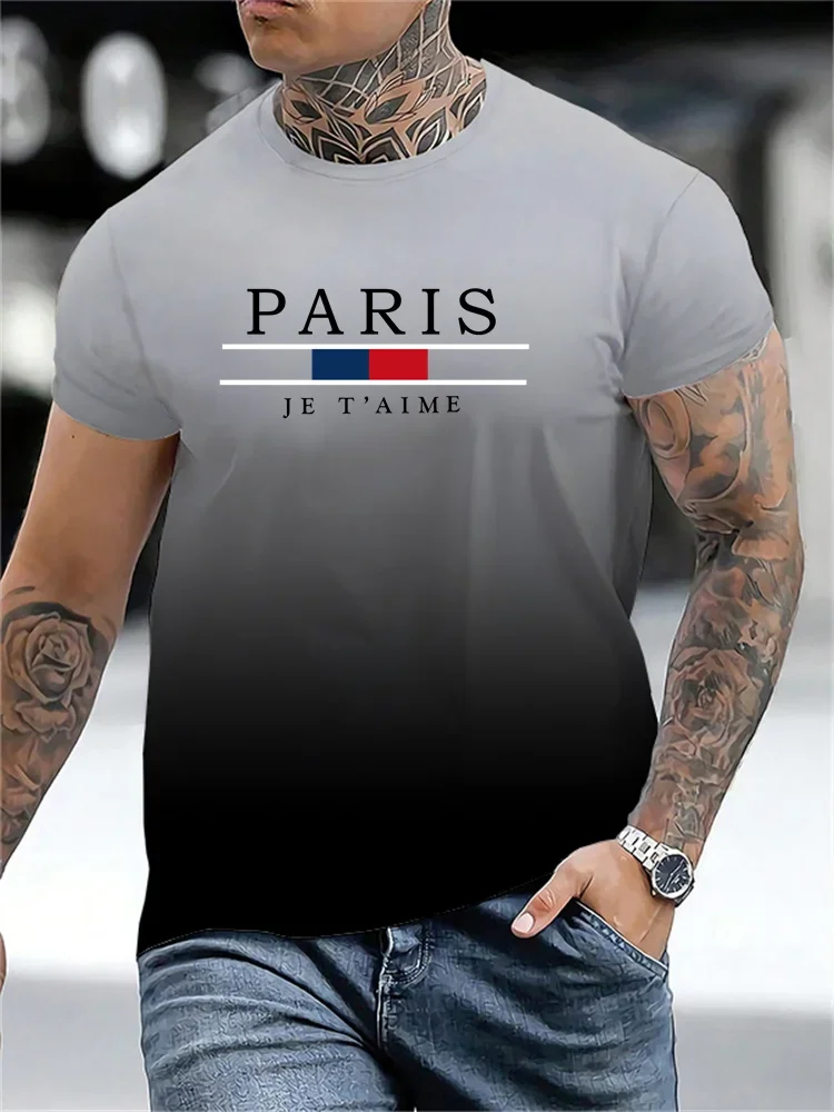 Men's 3D T-shirt summer loose size Paris letter pattern printed casual and comfortable round neck short sleeved T-shirt top