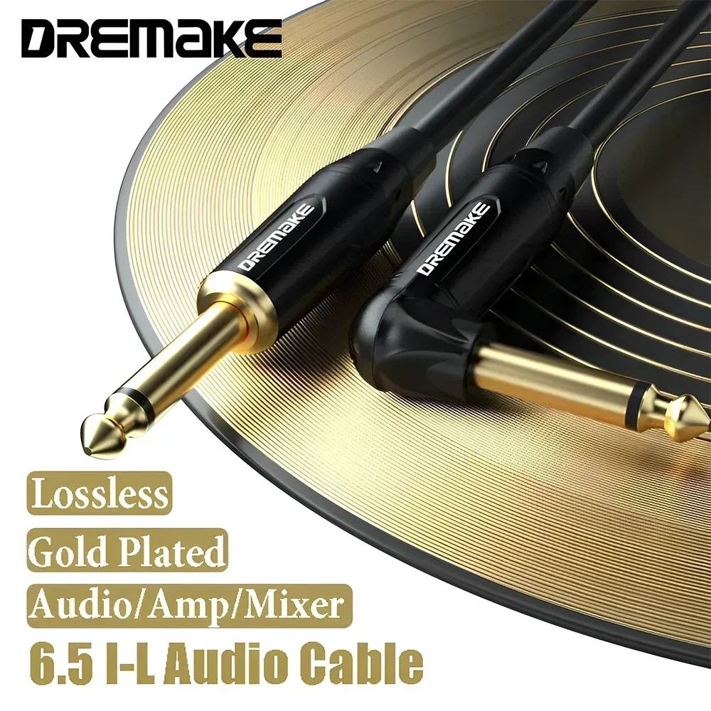 DREMAKE Jack 6.35mm to 6.35mm Stereo Audio Balanced Cord TRS 1/4'' Straight to Right Angle Speaker Amp Cable for Guitar Keyboard