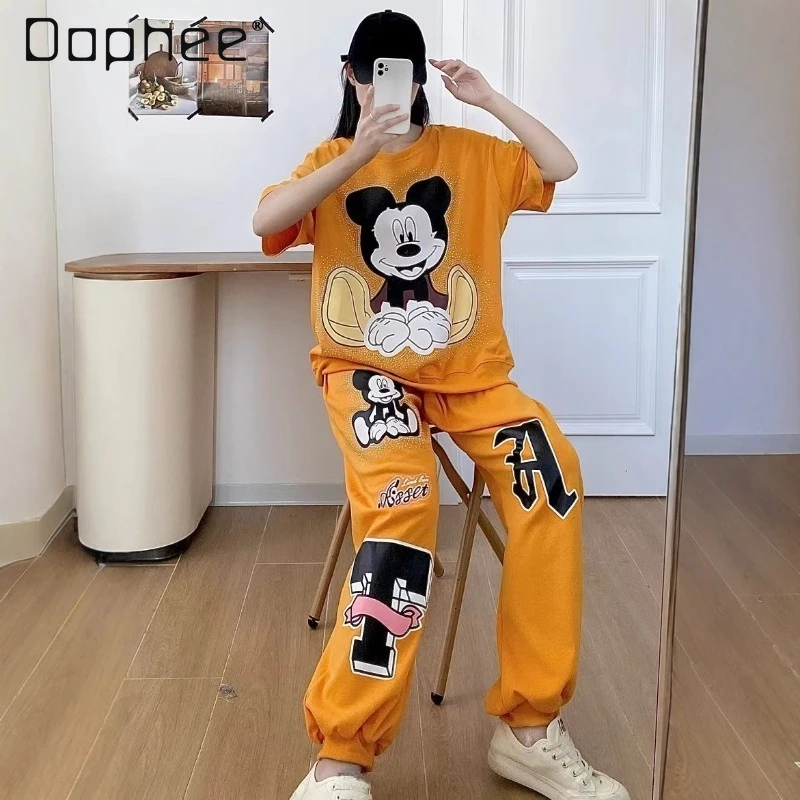 

2025 Heavy Industry Fashion Cartoon Diamond Drills Sweatshirts Women's Loose Crew Neck Top and Pants Suit Casual Two-pieces Sets