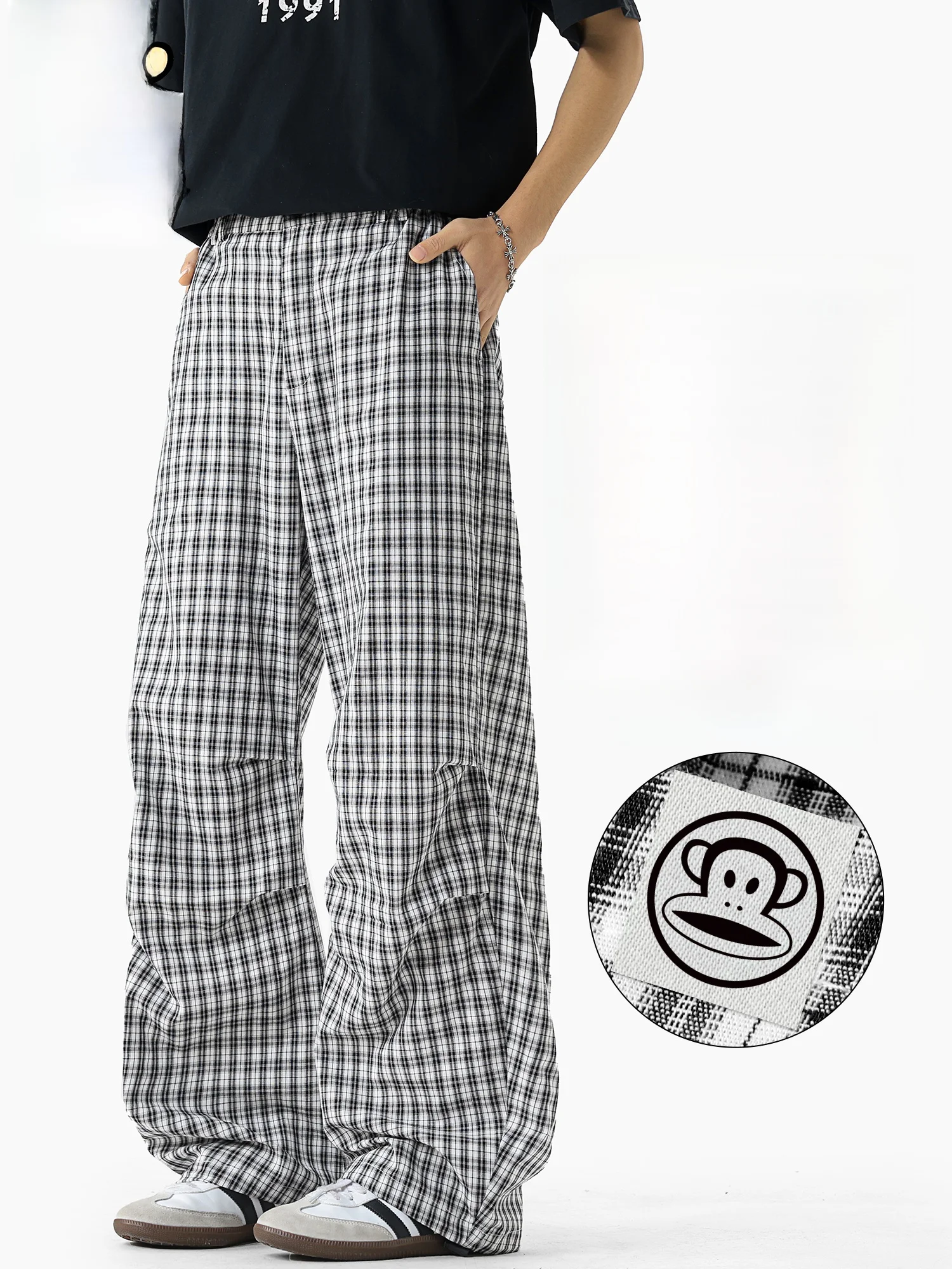 

PaulFrank Men's Casual Straight Leg Trousers Spring 2026 Plaid Wide Leg Faionable Brand Casual Pants American Sle Cotton