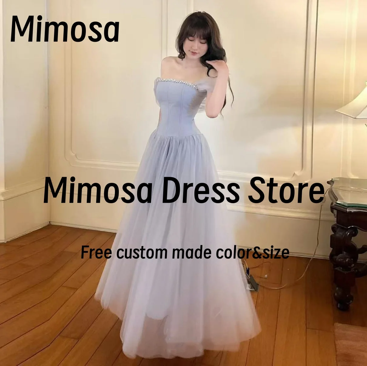 

Mimosa Prom Dresses 2025 Off Shoulder Beaded Strapless Evening Gowns Soft Tulle Bride Wear Korea Wedding Banquet Customized