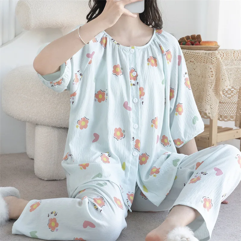 Conjunto coreano de pijamas de duas peças para mulheres, calças de meia manga, pijamas de algodão estampados, roupa doméstica, roupas de verão, novas