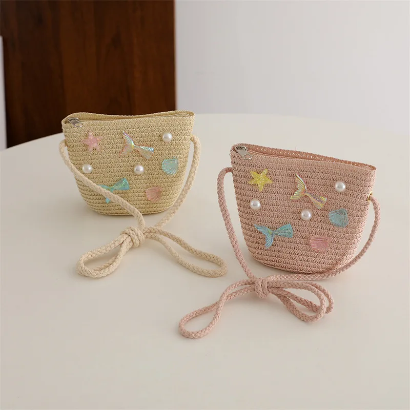 Children\'s Straw Woven Summer Crossbody Bag Cute Girl Coin Wallet Shoulder Bag Colorful Shells Fish Tail Zero Wallet Kids Gifts