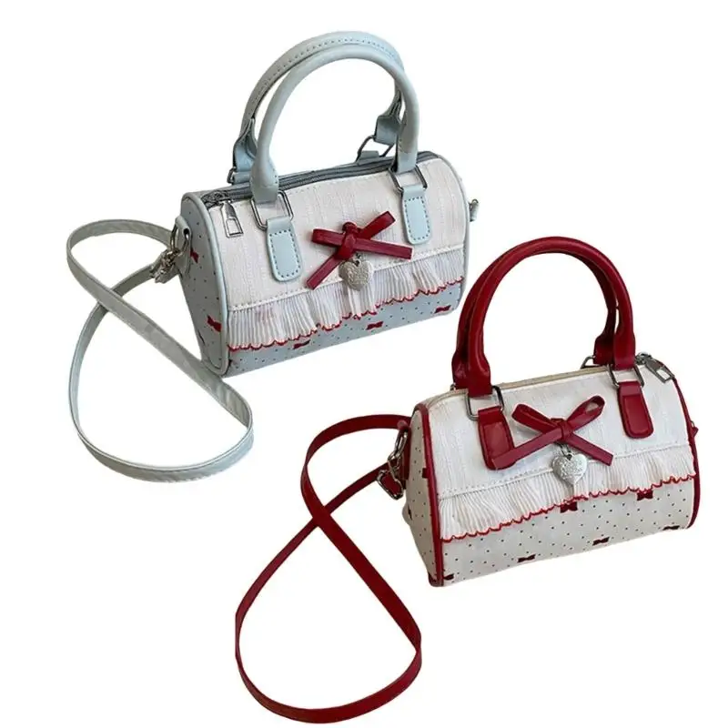 

652F Stylish Dot Shoulder Bag With Bows Decors Detachable Strap Spacious Compartment Practical PU Handheld Purse