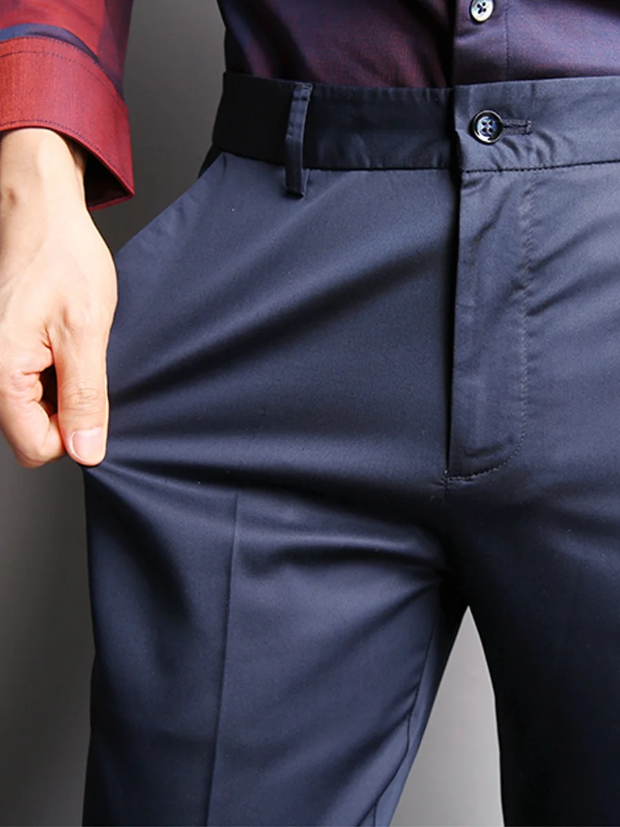 

Летние тонкие шелковые повседневные брюки для мужчин: дышащие, для делового стиля, прямого кроя, с высокой талией, средней эластичности, базовые цвета