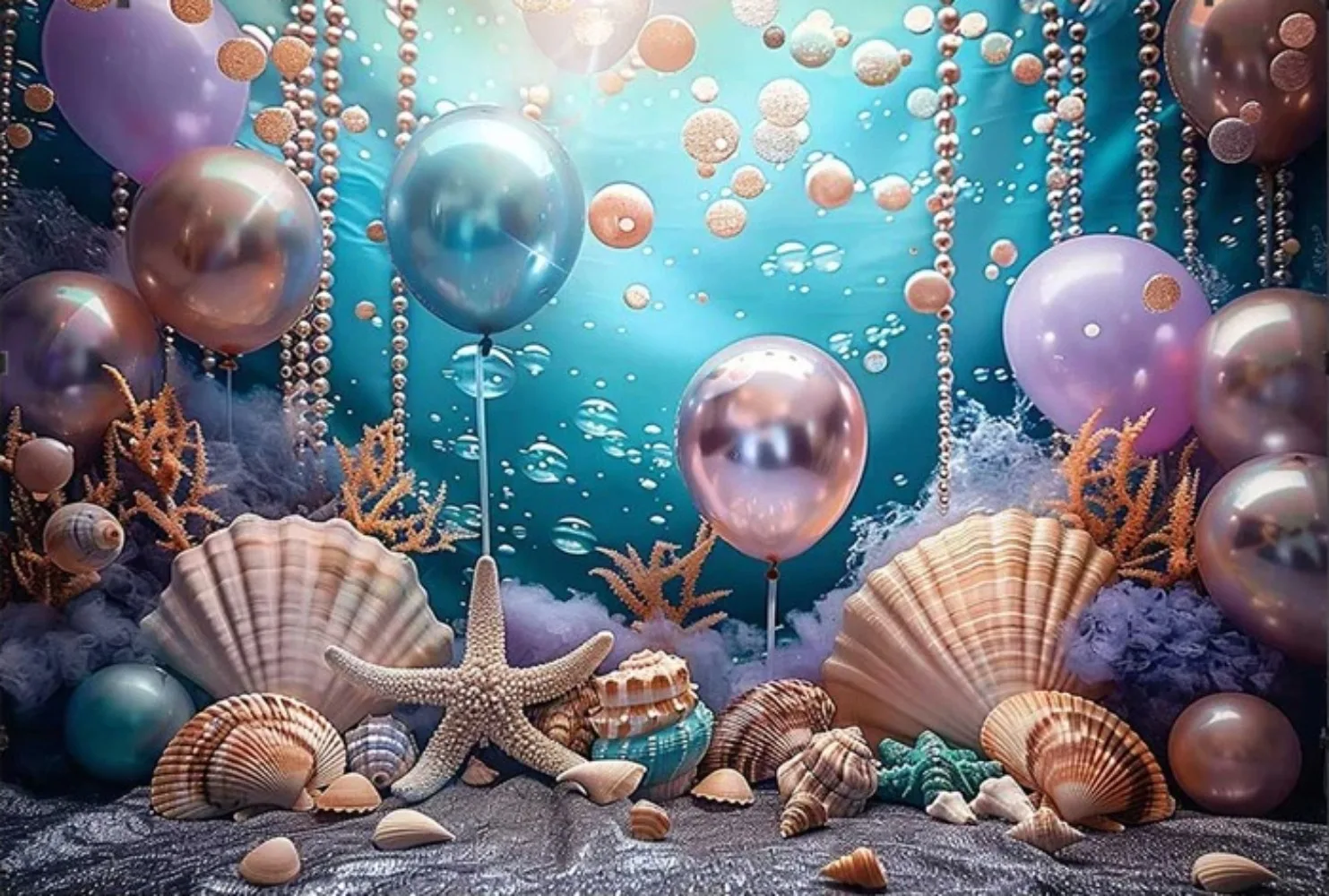Underwater World Mermaid Shell Starfish Banner Photography Backdrop, Children's Birthday Decoration Photography Studio Backdrop