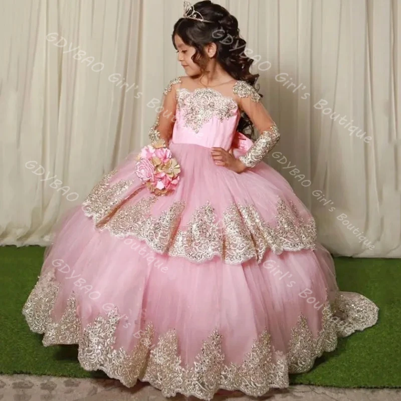 여자아이 공주 드레스, 트레인 레이스 아플리케 꽃무늬 드레스, 긴팔 티어드 튤 맞춤 웨딩 파티 볼 가운