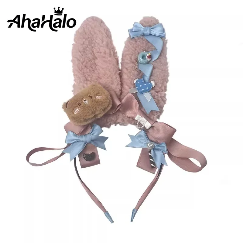 Lolita Bear Ear Headband Bowknot Hair Pink Kawaii Lolita Prop Headwear Cute Hairpin Female Headdress Hair Accessories Handmade