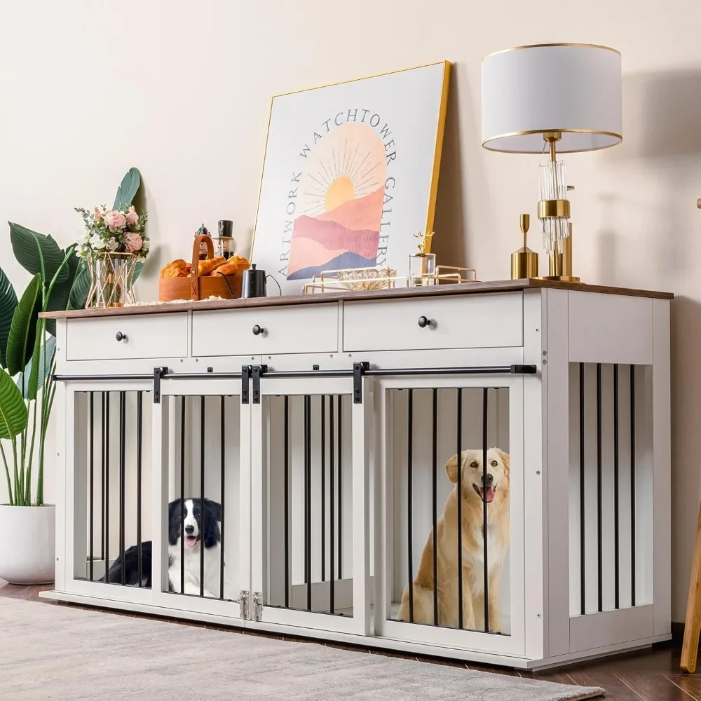 Dog Crate, Wooden Dogs Kennel with Room Divider & 3 Drawer, Double Doors Heavy Duty Dog Crate End Table Indoor TV Stand