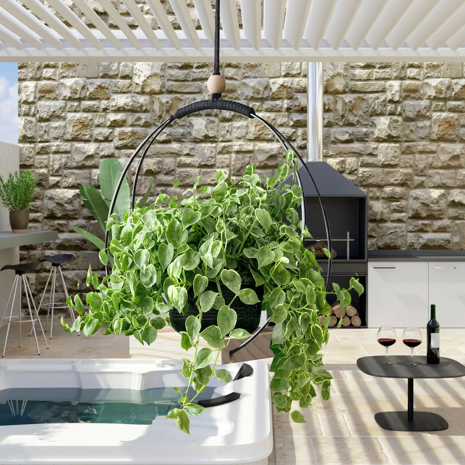 Cestas de suspensão anel de metal interno com base de madeira, vaso de suspensão para plantas, vaso de flores pendurado, flores de cesta de suspensão