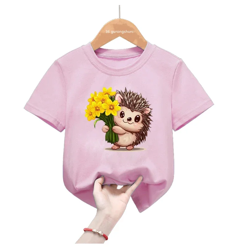 Bow Hedgehog Love Flowers Print Pink T Shirt For Girls Harajuku Kawaii Kids Clothes Summer Fashion Tops Tee Shirt