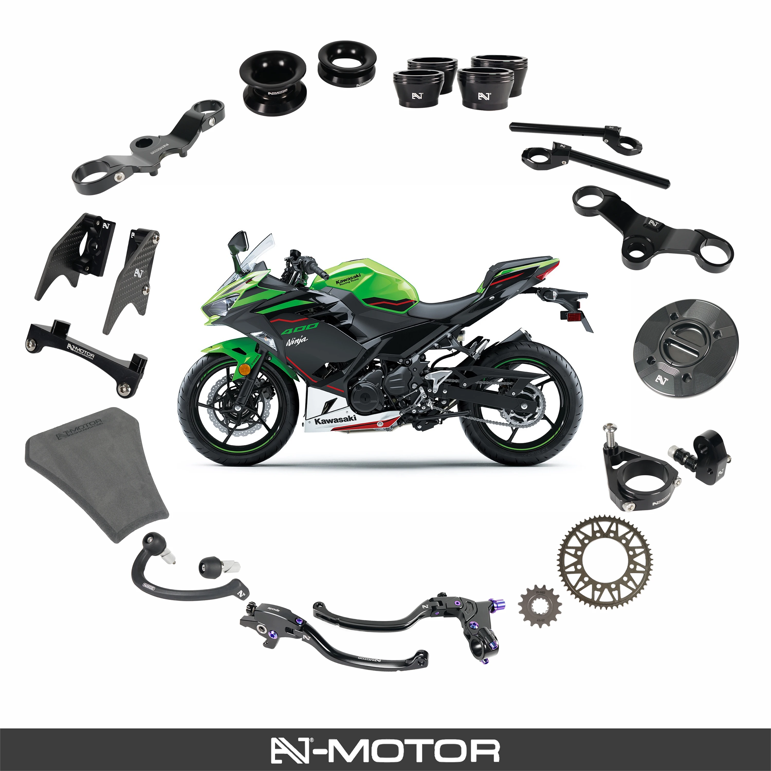 

Racing Parts Upgrade for Kawasaki Ninja 400, CNC Essential Setup - Lever Guard, Wheel Stand, Sliders, Fuel Cap