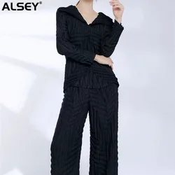 ALSEY Miyake Handmade Pleated Top + Pants Set Autumn New Fashion Lapel Casual Top + Straight Solid Trousers Two Piece Set