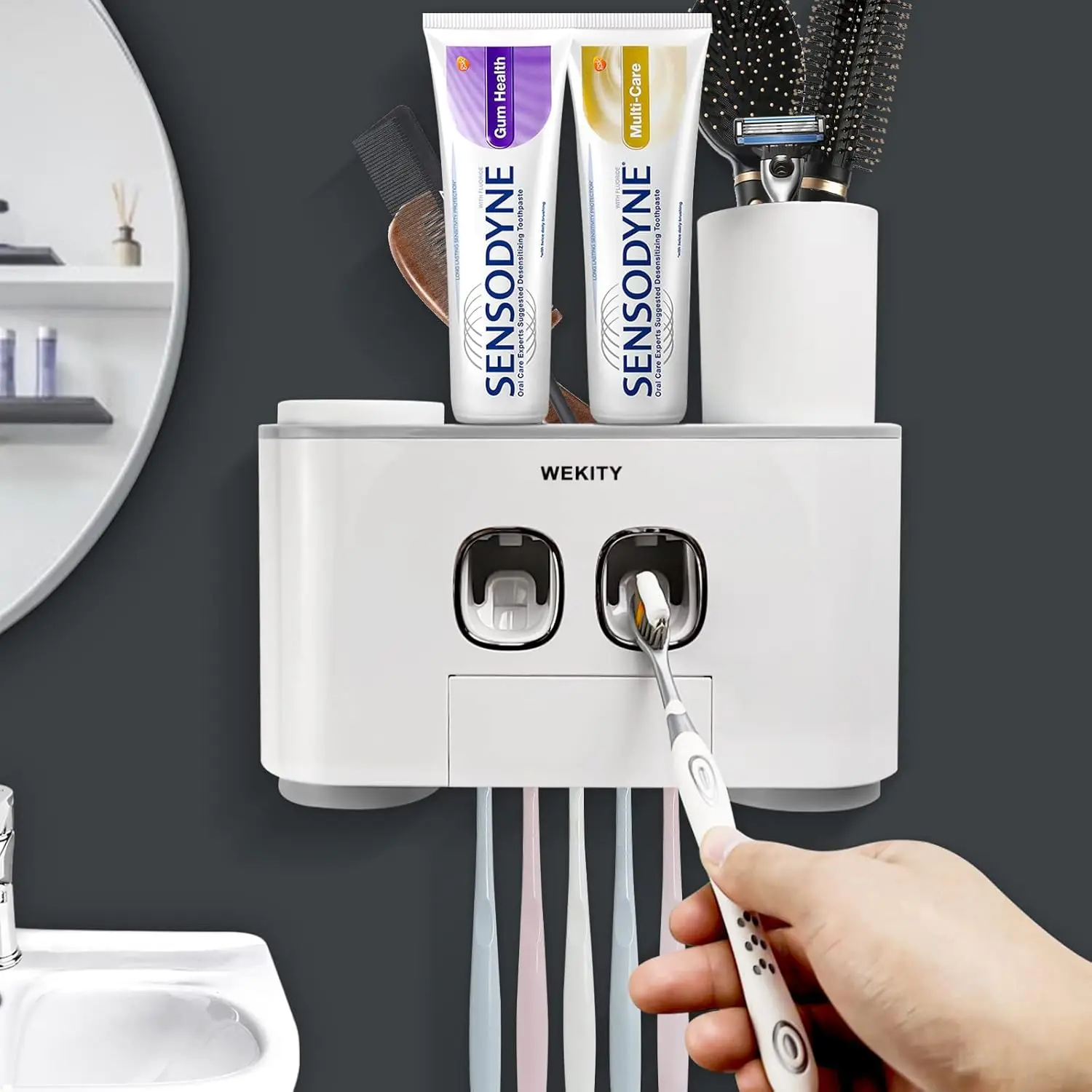 

Toothbrush Holder Wall Mounted with Toothpaste Dispenser for Bathroom, 5 Slots, 2 Squeezers, 4 Cups