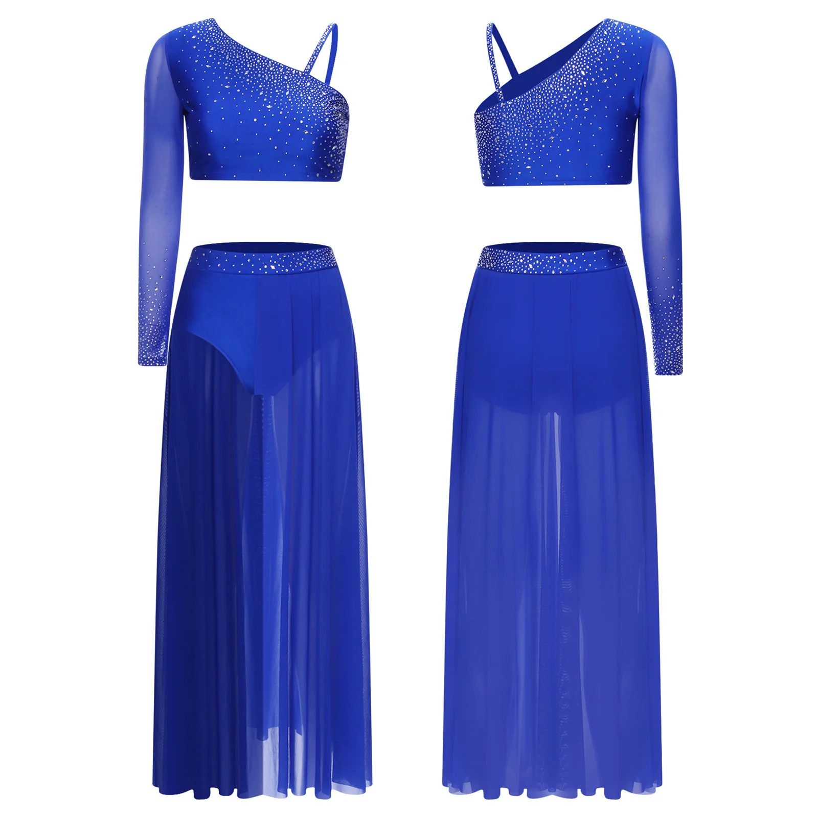 

Women Lyrical Dance Crop Top and Skirt Set Shiny Rhinestones Figure Skating Ballet Modern Dancing Outfit Contemporary Dancewear