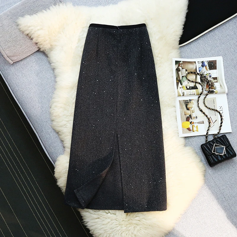 Elegant Glitter Woolen Midi Skirt Women Autumn Winter Chic High Waist Bodycon Pencil Skirt with Slit Sparkly Sequin Party Outfit