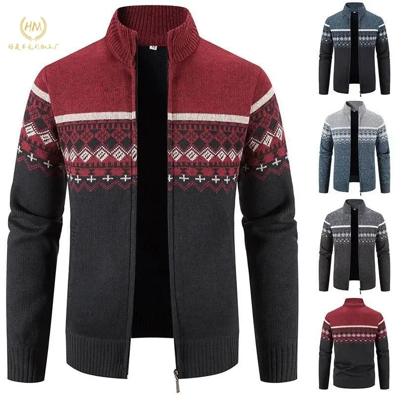 

Pop Top Quality Autumn Winter New Men's Jacket Slim Fit Stand Collar Zipper Jacket Men Solid Knitted Sweater Thick Warm Sweater