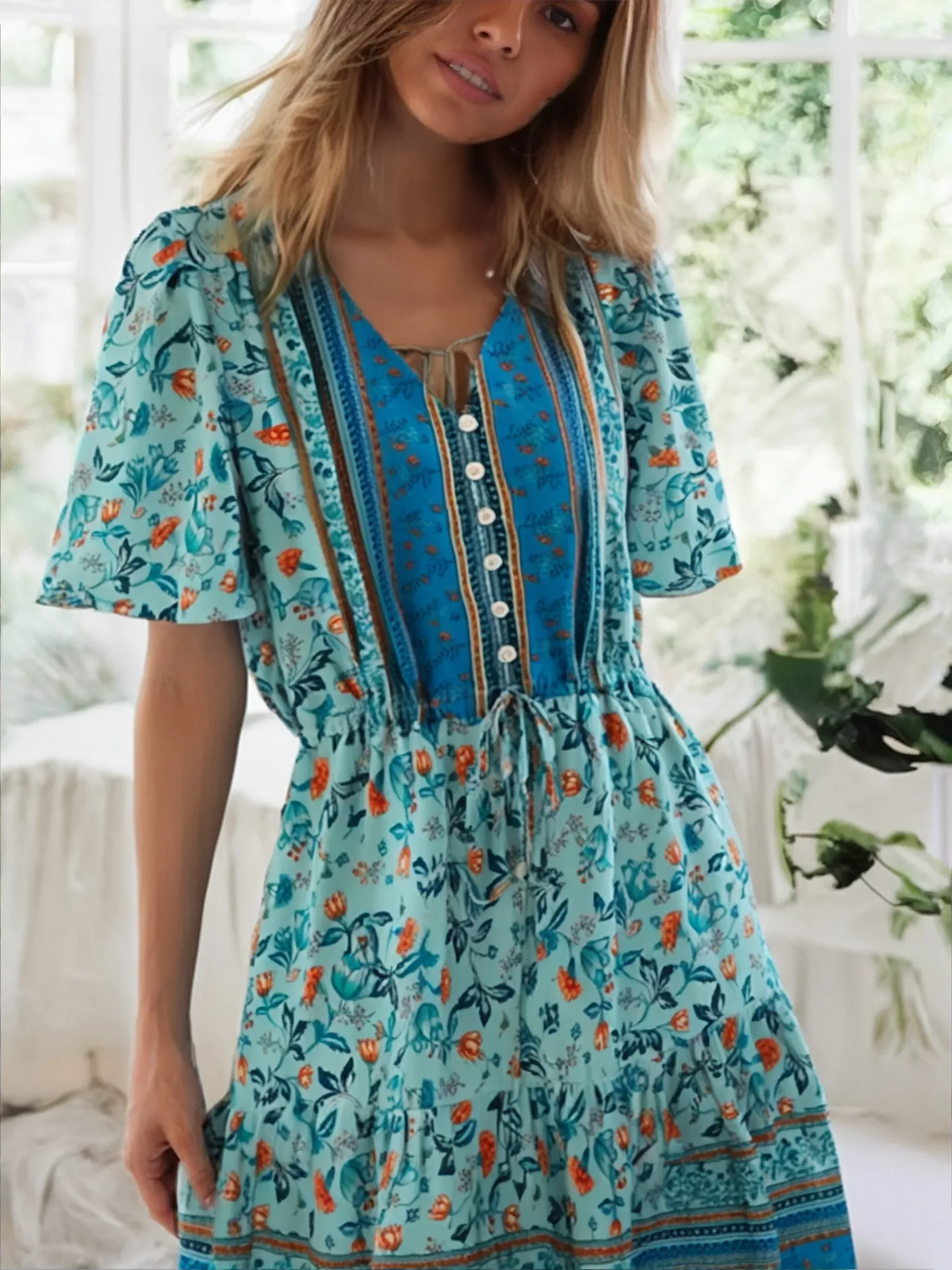 Vintage Women Green Floral Print Short Sleeve Beach Loose Bohemian Mini Dress Ladies V-neck Rayon Cotton Boho Dresses Vestidos