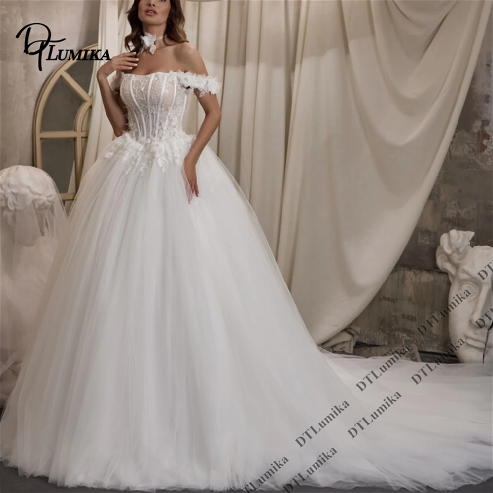 

Свадебное платье DTLumika с открытыми плечами, сетчатое, бальное, с кружевными аппликациями, со шлейфом, для невест, на заказ