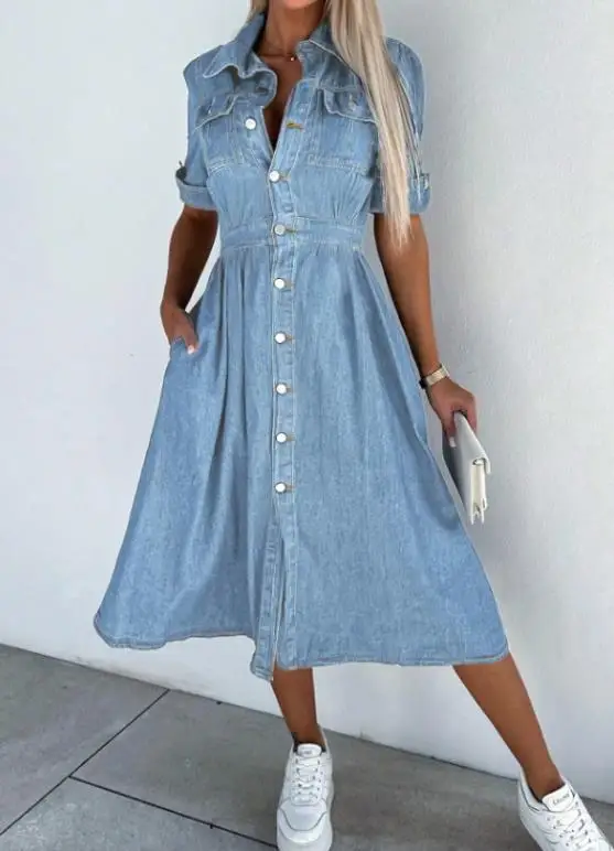 Spring New Women's Washed Breasted Slim Fit Denim Dress