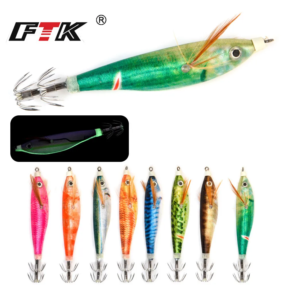 

FTK 1PCS Fishing Lure10g/8cm Sinker Squid Hook Luminous Squid Jig Fishing Wood Shrimp Lure Cuttlefish Jigs Lures