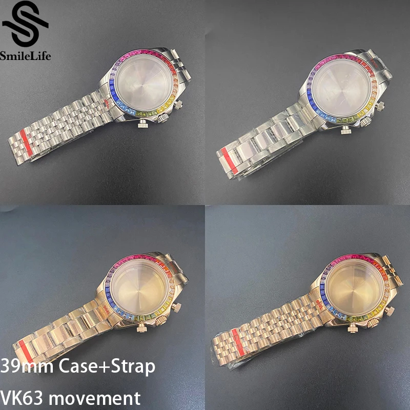 SmileLife VK63 39mm Watch Case Sapphire Glass Colored Diamond Bezel Fit VK63 Quartz Movement Watch Accessories