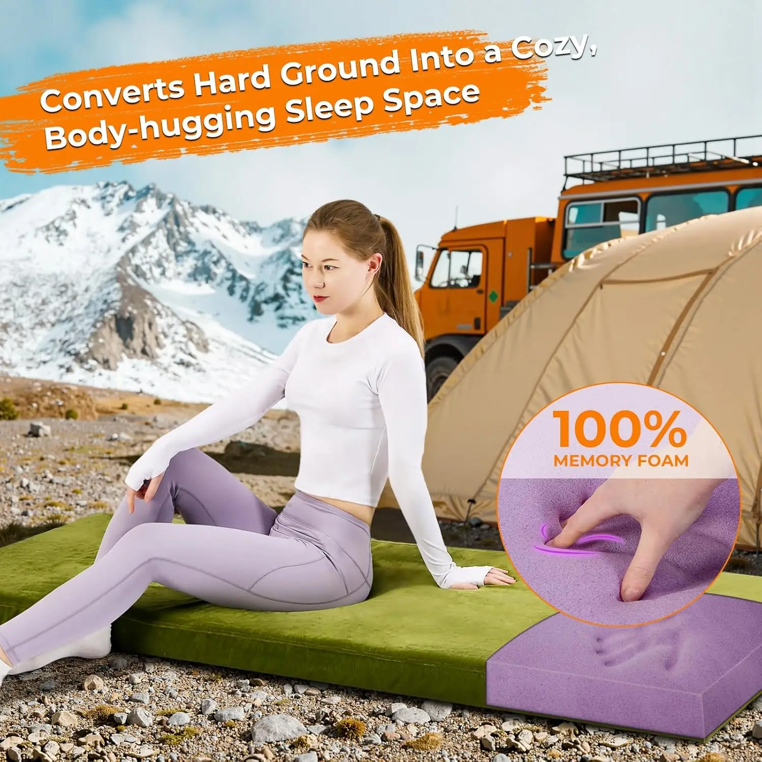 Colchão de acampamento de espuma viscoelástica à prova d'água de 3 polegadas - Tapete de dormir portátil enrolável para viagens, barraca, carro, piso de hóspedes e berço