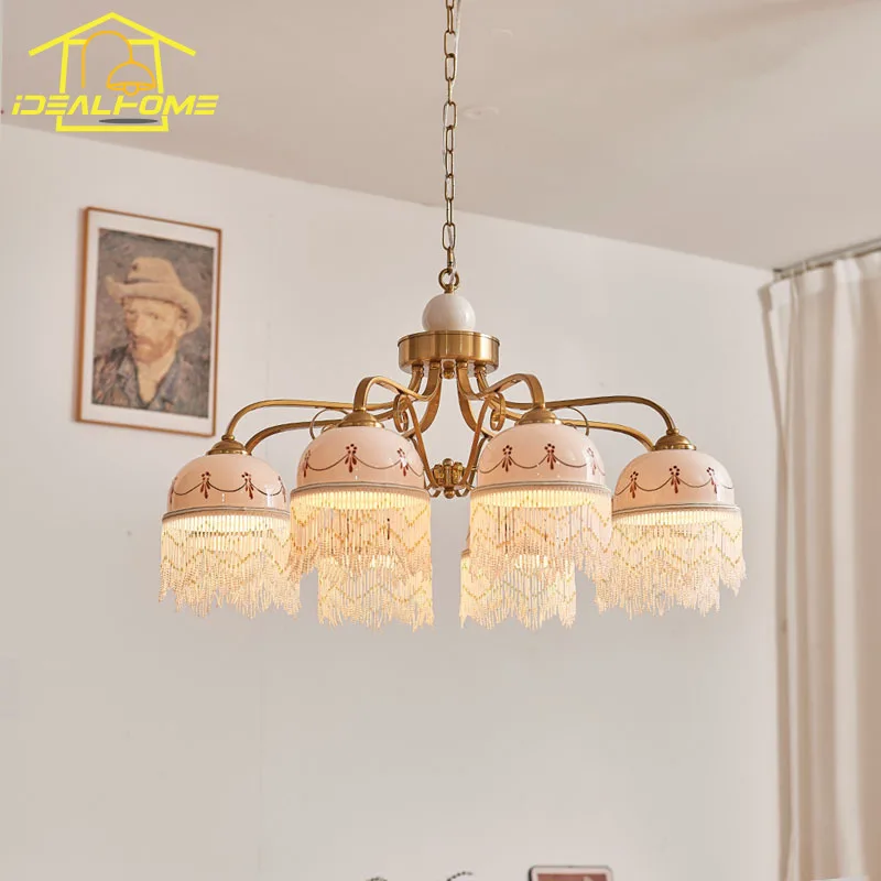 الفرنسية الرجعية القرون الوسطى كريم الرياح أضواء الثريا LED E27 الحديد الفن هامش السيراميك قلادة أضواء المعيشة/غرفة الطعام غرفة نوم