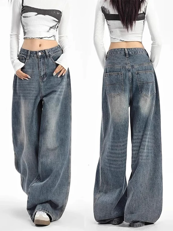 

High Waist Wide Leg Denim Jeans Women's Autumn Winter Loose Straight Floor-Length Pants Comfortable Casual High Street Style