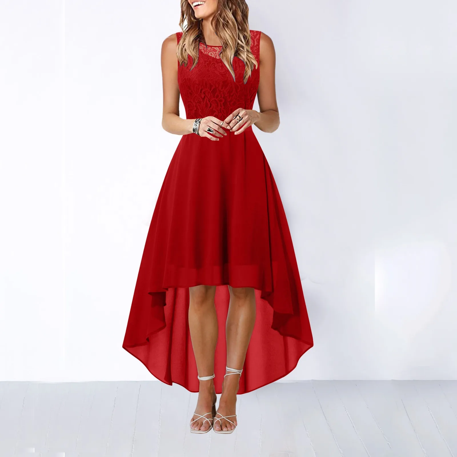 

Women Lace Dress Gown Bow Belt Elegant Irregular Length Dress Sleeveless Chiffon Dresses Bridesmaid Cocktail Party Evening Prom