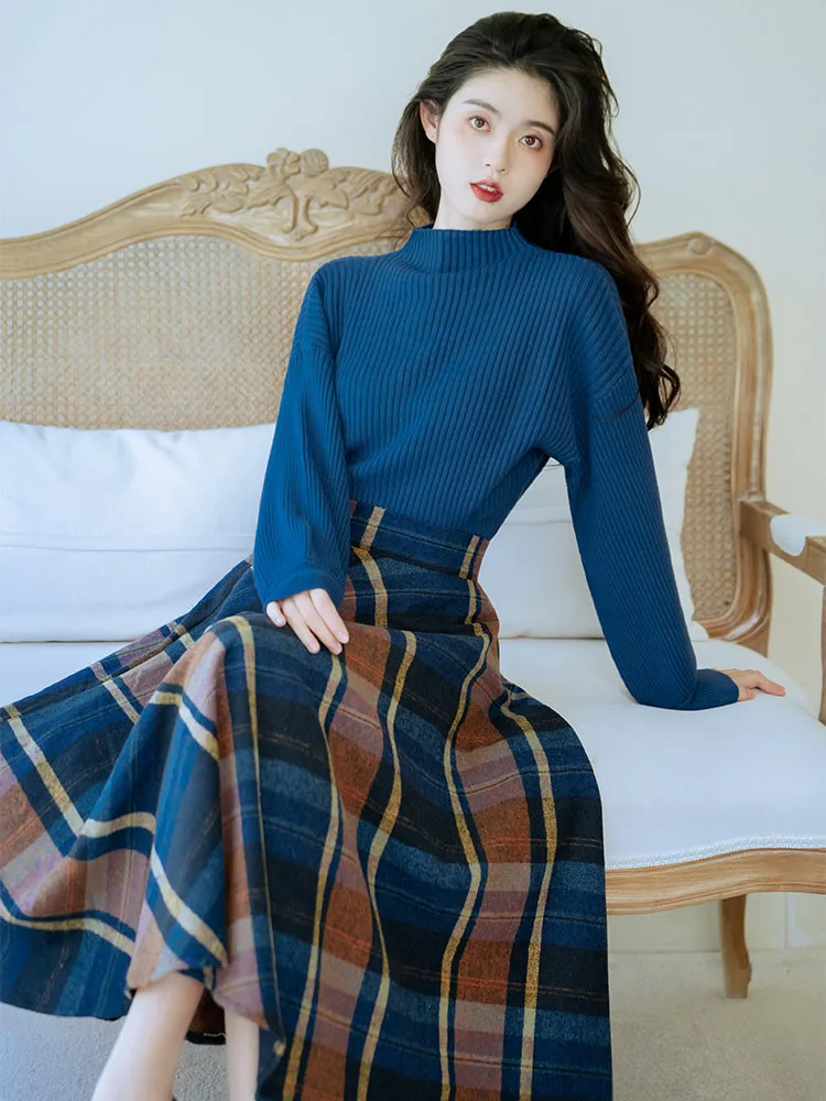 Vintage Elegant Two Piece Skirt Set Women Spring Autumn Long Sleeve Blue Sweater and Long Skirts Winter Outfits