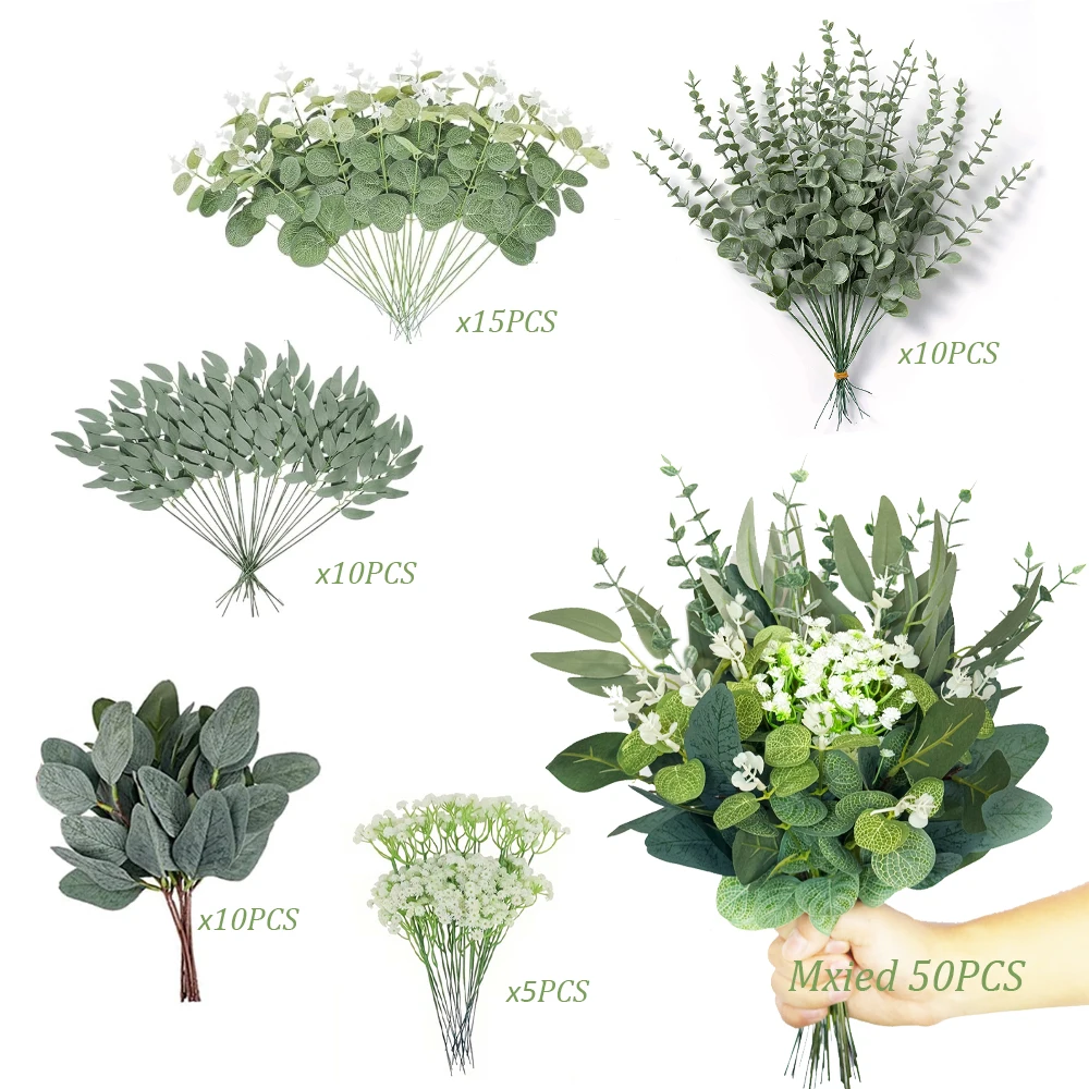 50PCS Mixed Artificial Eucalyptus Leaves Fake Flowers Faux Willow Cuttings DIY Bouquet for Wedding Floral Home Party Table Decor