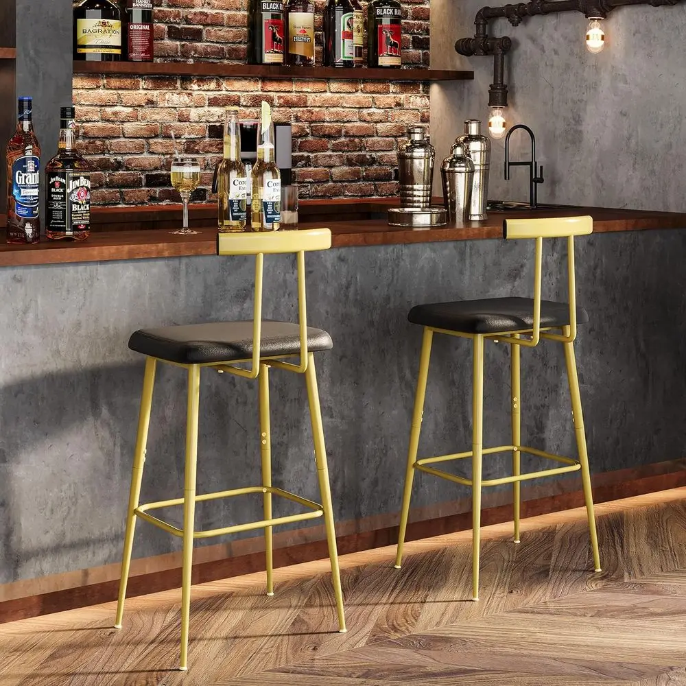 Pair of Counter Height Bar Stools with Backrest, Footrest, and PU Leather Cushion, Gold Industrial Style for Kitchen, Dining, Ba