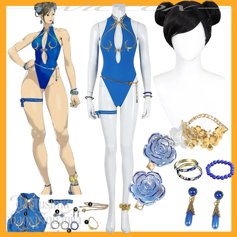 

Костюм для косплея Чунли из Final Fight 6: сексуальный синий купальник-сукумизу с высоким разрезом, ажурное бикини, купальник, парик, костюм для вечеринок, аниме и игр