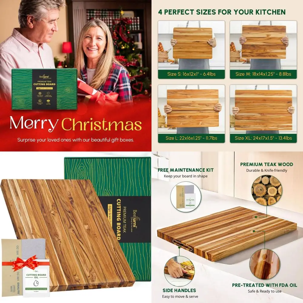 

Large Teak Wood Chopping Board with Grip, 22x16x1.25, Kitchen Butcher Block, Charcuterie, Ideal Christmas Gift, 1-Year Warranty