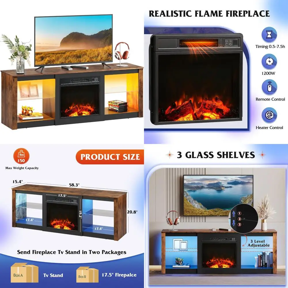 Modern Entertainment Center with 58 Fireplace TV Stand, LED Lights, 18 Electric Fireplace, and Adjustable Glass
