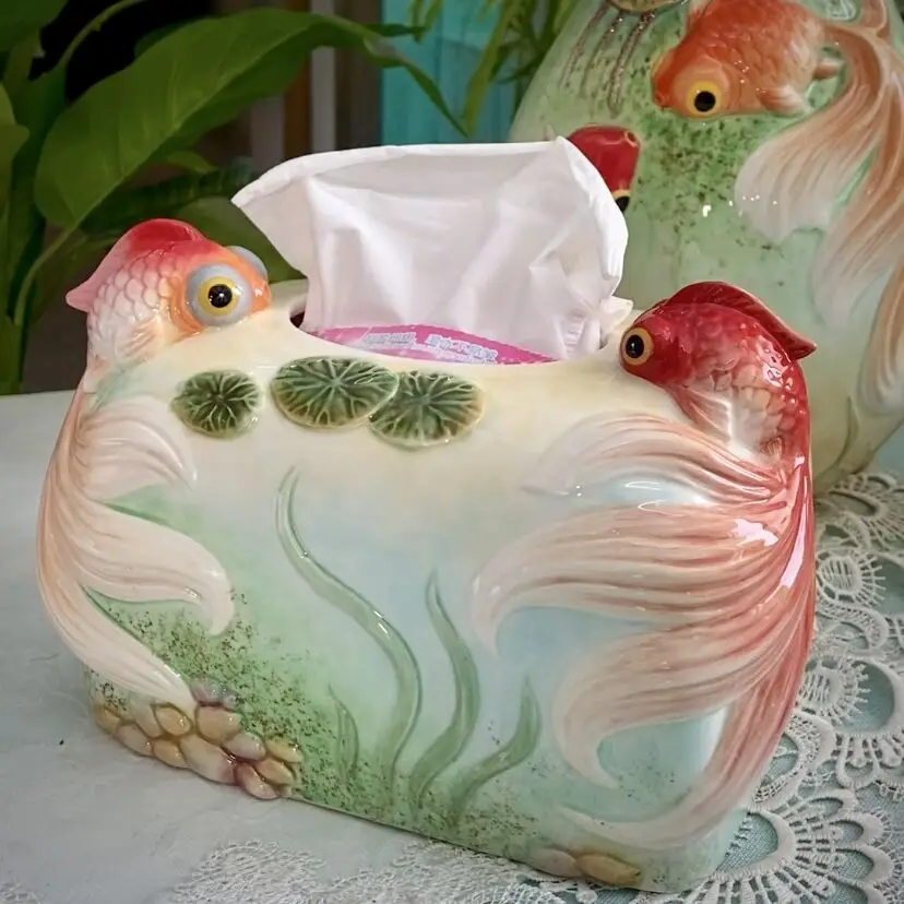 Ceramic Goldfish Tissue Box Sculpture, Home Decor Crafts, Wedding Decoration, Office, Living Room, Study Tissue Box Ornament