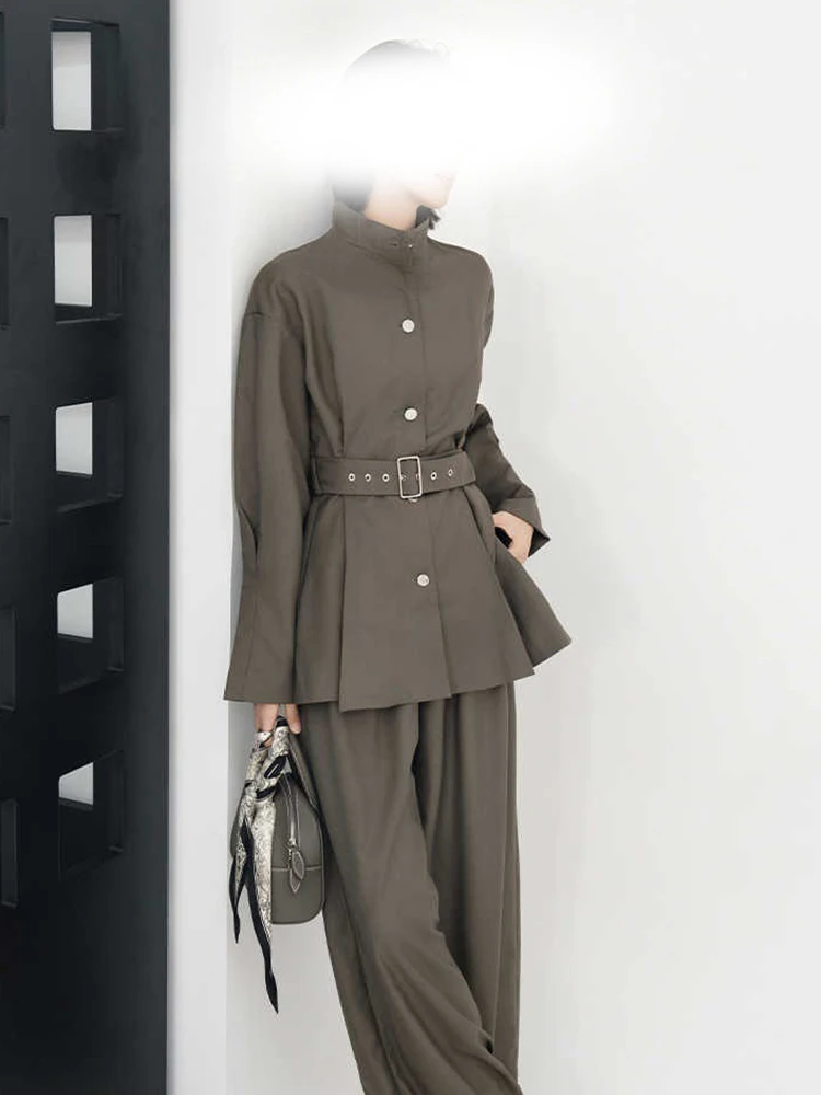 

Spring Street Outfit Women Single Breasted with Belt Jacket Coat+High Waist Straight Casual Pants Autumn Female Two Piece Set
