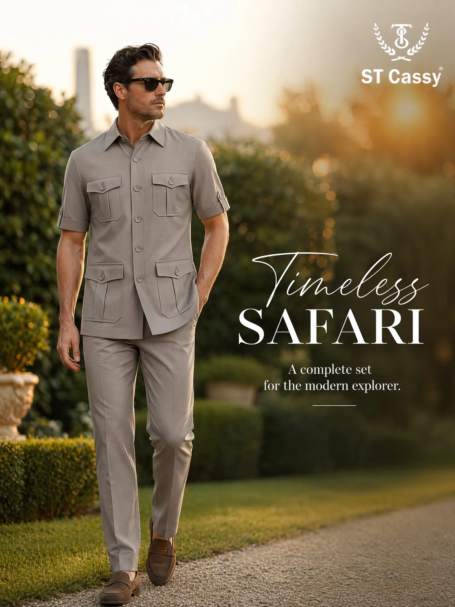 High quality khaki safari short sleeved men suits 2-piece Jacket+pants multi pocket elegant lapel slim fit casual