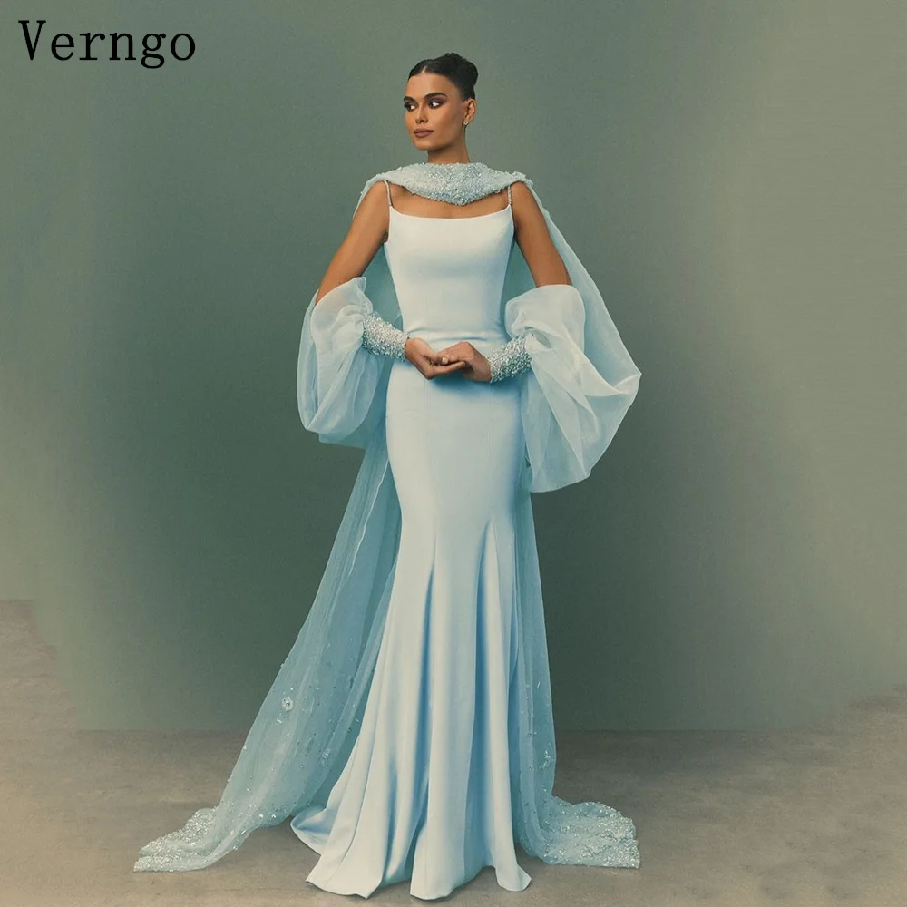 Verngo-vestido de noche de crepé azul claro, vestidos de fiesta con lentejuelas y espalda descubierta con cuello Halter, vestido de fiesta de cola brillante de Goddness personalizado