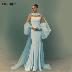 Verngo Light Blue Crepe Evening Dress Halter Backless Sequined Prom Gowns Shiny Goddness Sweap Train Party Dress Customized